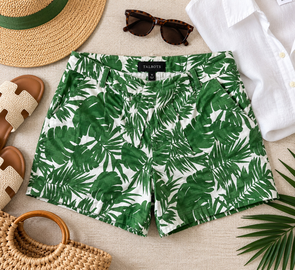 Talbots Palm Leaf Tie Waist Shorts Womens 16 Green White Tropical Resort Stretch